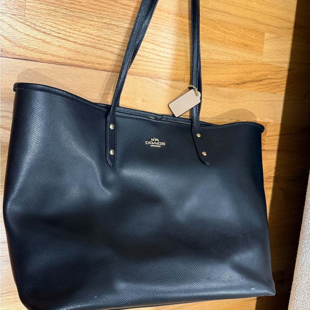 Coach Black Pebbled Leather Tote with Brass Clasp Closure